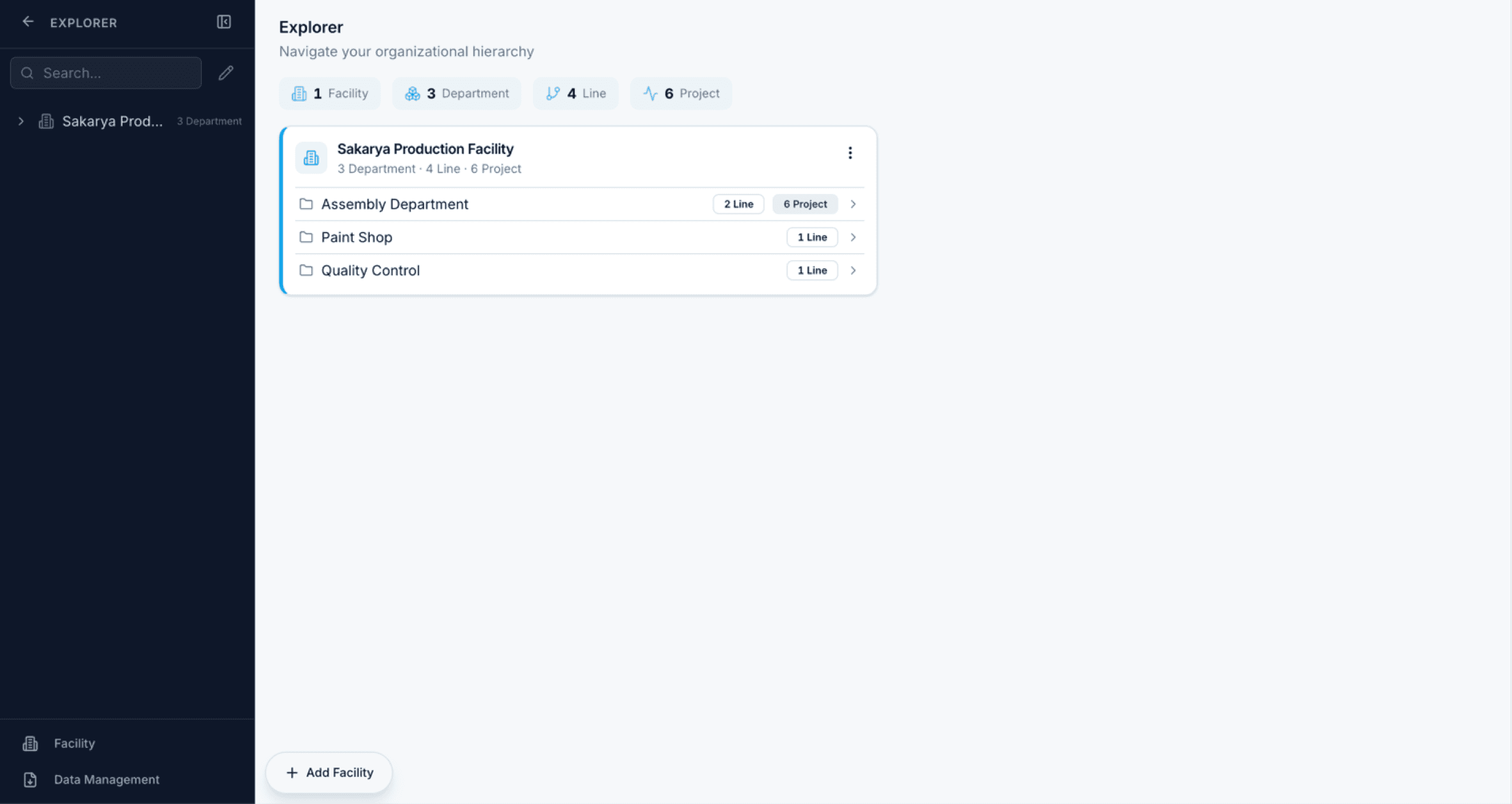 Yamazo Studio organizational explorer — facilities, departments, lines and stations in a hierarchical tree for video time study analysis